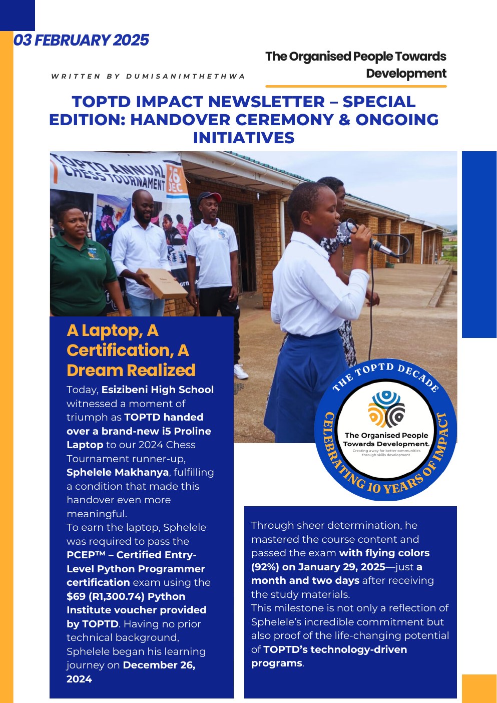 TOPTD special-edition newsletter documenting Sphelele's certification journey